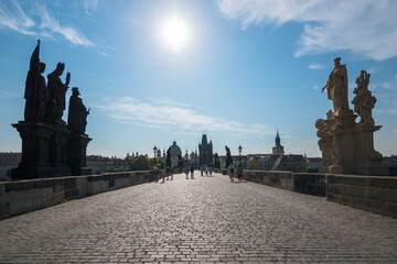 Prague, Czech Republic, June 2019 - View of the famous and beautiful Charles Bridge with it's saint statues