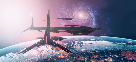Futuristic science fiction space artwork. Digital art. Fantasy scenery.