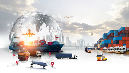 World map with logistic network distribution, Logistic and transport concept in front Industrial...