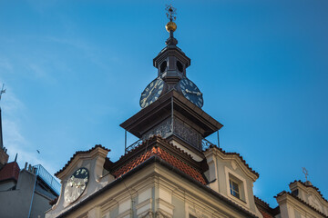 Fototapeta na wymiar Closer view of the clock tower at the High Synagogue - Prague, Czech Republic