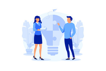 Obraz premium people with lightbulb puzzle, business concept. Team metaphor. people connecting puzzles vector. flat design modern illustration