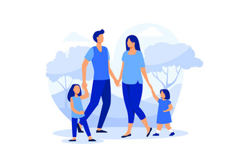  happy family, mother father daughter son holding hands and hugging, complete prosperous family vector flat design modern illustration