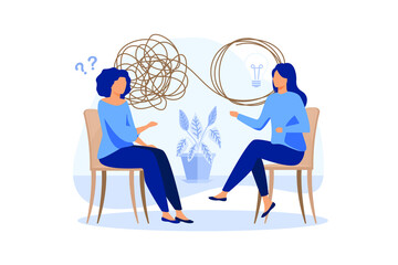 psychotherapy, unraveling complex situations, concept of social psychiatry, therapist and patient vector flat design modern illustration