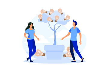 business meetings and brainstorming, business concept for teamwork, search for new solutions, tree with bulbs and ideas. flat design modern illustration
