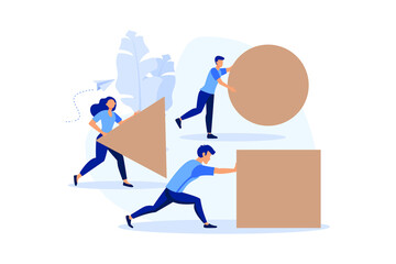 Businessman pushing sphere and leading the race against group other not so lucky guy pushing boxes.
Concept of innovation in business winning strategy, vector, flat design modern illustration
