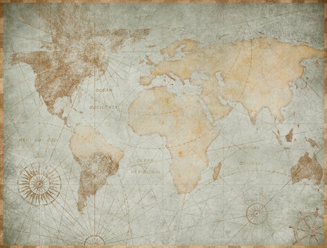 Blue Worn Vintage World Map Based On Image Furnished By NASA