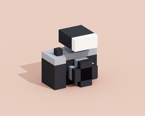 Digital camera, a digital art of mirrorless camera with flashlight in black & white retro style isometric voxel raster 3D illustration render on brown background.