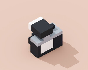 Digital camera, a digital art of mirrorless camera with flashlight in black & white retro style isometric voxel raster 3D illustration render on brown background.