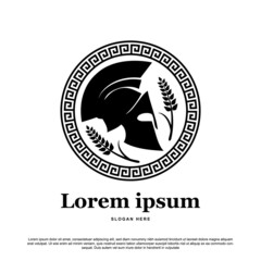 Spartan helmet logo design. spartan helmet with Greek or Greece pattern and wheat vector