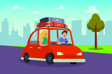Dating vector concept. Happy young couple doing travel together with car