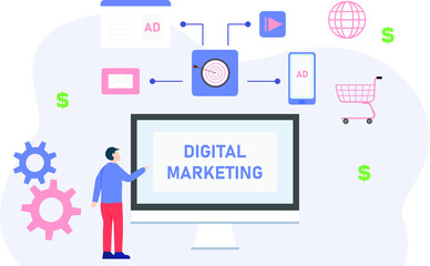 Digital marketing vector concept. Young businessman looking at digital marketing plan on the computer monitor while standing with dartboard