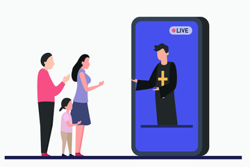 Online church vector concept. Pastor greeting a young family while conducting church services on the cellphone