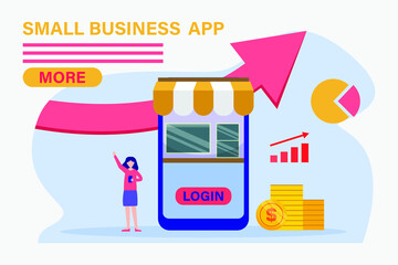 Small business app vector concept. Young woman log in to her small business app on the cellphone while standing with upward arrow background