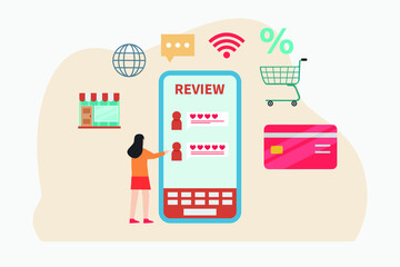 Survey vector concept. Young woman looking at shop review report while using a mobile phone