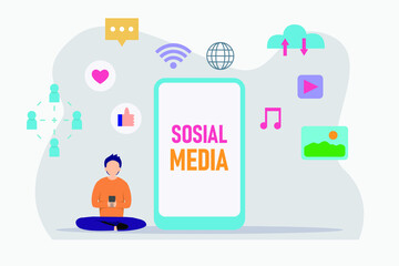 Social media vector concept. Young man using social media apps on a mobile phone while sitting with icons background