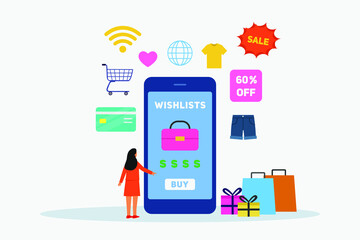 Wish list vector concept. Young woman buying a bag on the cellphone while shopping online with wishlists