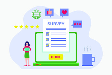 Survey vector concept. Young woman using a laptop while completing survey form