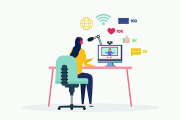 Vlogger vector concept. Young woman using a computer while making a content video