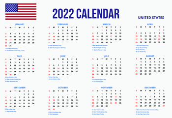 Calendar 2022 United States of America Design Template Editable