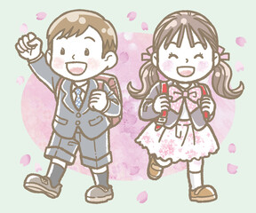 小学校に入学する子どもたちのイラスト　背景あり　男の子と女の子