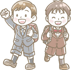 小学校に入学する子どもたちのイラスト　背景なし　男の子が二人
