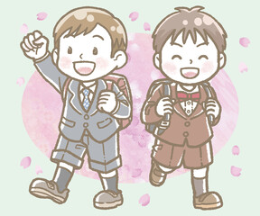 小学校に入学する子どもたちのイラスト　背景あり　男の子が二人