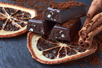 Dark chocolate with crushed almonds, cocoa powder