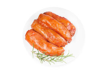 Fresh marinated chicken meat.Raw marinated chicken fillet in red sauce on white isolated background, copy space.