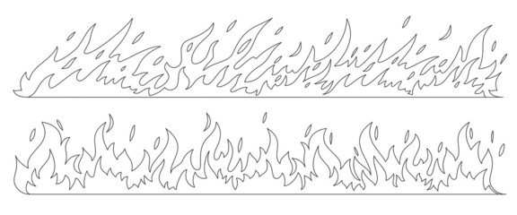 Fire bonfire border flames thin black line set. Collection sign danger ignition object forest fires flammable liquid. Outline flame energy fiery explosion hot discount simple icon isolated on white