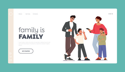 Happy Family Landing Page Template. Young Parents with Children. Mother and Father Characters Spend Time with Kids