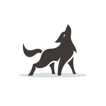 Simple Standing Howling Wolf Silhouette. Black Wolf, Jakcal, Coyote Vector Logo Icon