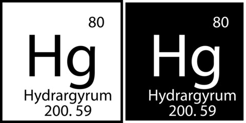 Hydrargyrum chemical symbol. Mendeleev table. Banner design. Square frame. Science icon. Vector illustration. Stock image. 