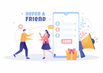 Refer a Friend Flat Design Illustration with Megaphone on Screen Mobile Phone and Social Media Marketing for Friends via Banner, Background or Poster