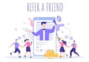 Refer a Friend Flat Design Illustration with Megaphone on Screen Mobile Phone and Social Media Marketing for Friends via Banner, Background or Poster