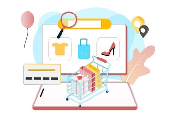 Fototapeta premium 3D realistic online shopping on website or mobile application concept of vector marketing and digital marketing. Isometric paper art for digital store promotion, online payment, delivery, sale, ads.