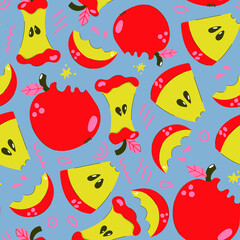 Modern and bright seamless pattern of apples, apple core and slice. Fruit background.