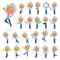 スマートフォンなどのデジタル機器を持つ薄紫ジャージ高齢女性のセット