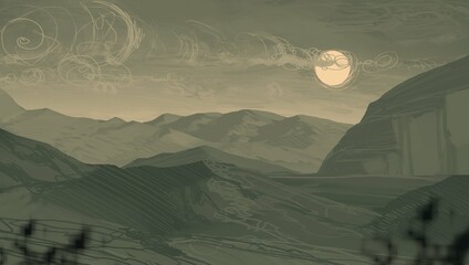Empty rural landscape illustration. Alien world space art. © Jakub
