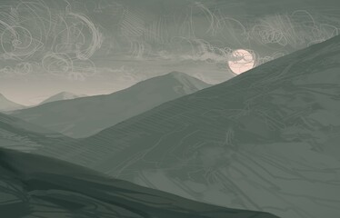 Empty rural landscape illustration. Alien world space art. © Jakub