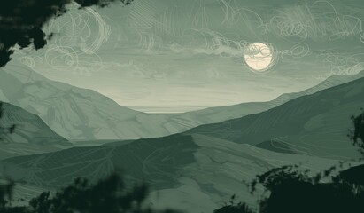 Empty rural landscape illustration. Alien world space art. © Jakub