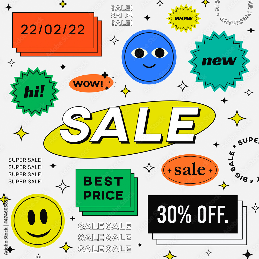 Wall mural cool trendy sale banner 90s design. abstract promo illustration with stickers, patches, badges and l