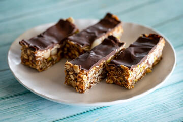 homemade chocolate coated muesli bars