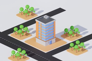 Building on the corner of the street, urban buildings and construction, Isometric city concept - 3D render illustration