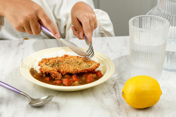 Japanese Curry with Chicken Katsu, Serve with White Rice on Cream Ceramic Plate, Mint Background