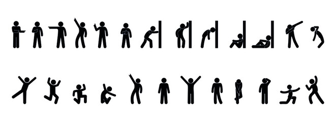 man icons set, stick figure pictograms people stand, various poses, stickman postures - obrazy, fototapety, plakaty
