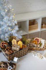DIY Christmas gift making in a metal basket. Fully recyclable holiday decor.