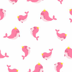 The pattern is a kind pink whale in delicate pink colors. One whale with a golden crown. Proud and sweet. Vector illustration.