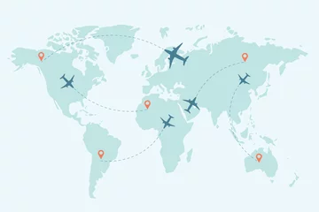 Poster World map whit dashed trace line and airplanes flying. Travel concept. Vector illustration. © Nika Ray
