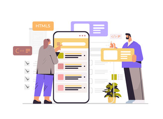 web developers creating program code on smartphone screen development of software and programming