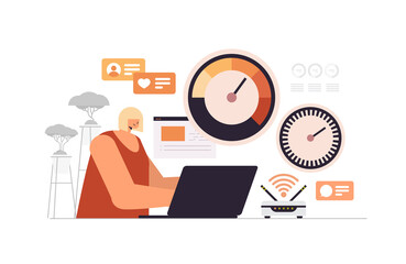 Fototapeta premium businesswoman working on laptop with stress scale emotional overload stress level increased productivity frustration